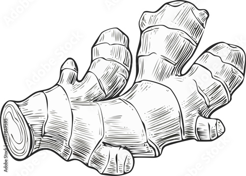 Hand drawn engraving style vector illustration of a ginger root, fine line hatching, antique