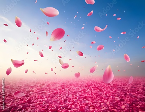 Pink petals float in sky above carpet of pink petals at horizon