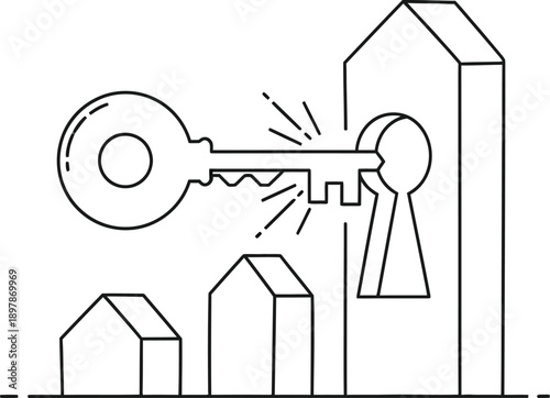 Minimalist line art illustration showing a large key unlocking a doorway structure representing home ownership or real estate investment opportunity success