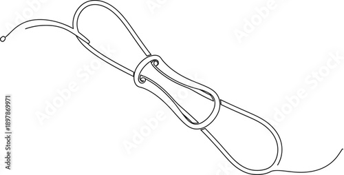 Minimalist line art illustration depicts a single continuous black line drawing forming a decorative bow or elastic hair tie closure against a white background.