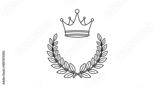 Minimalist black and white line art icon featuring a regal crown elegantly centered above a symmetrical laurel wreath creating a symbol of victory and royalty
