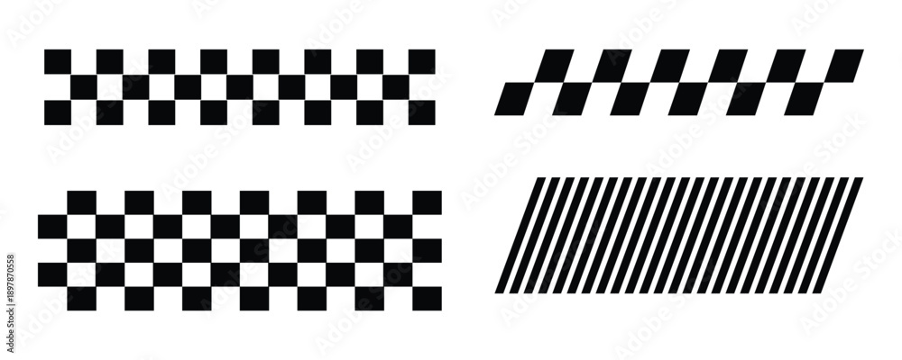 Obraz premium Set of checkered flag patterns and diagonal stripes in black and white vector graphics for racing and speed.
