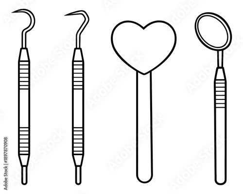 Line art dental instruments set featuring two explorers, a heart-shaped mirror, and a standard mirror for oral health care