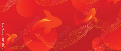 Chinese New Year koi fish vector background with flowing gold line waves and red oriental pattern. Auspicious luxury design for lunar festival posters, banners, greeting cards and packaging.