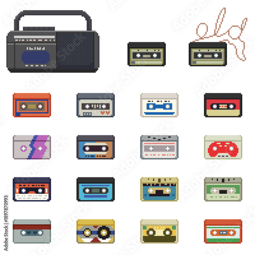 pixel art isolated background of classic tape cassette player