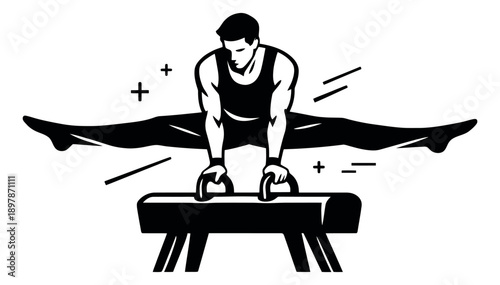 Line art illustration of a male gymnast depicting a split on a pommel horse for sports design