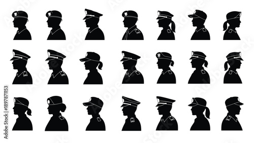 olice Officer Silhouette Profile Icon Set, Male and Female Law Enforcement Uniforms, Security and Protection Service Vector Collection, Military and Authority Heads