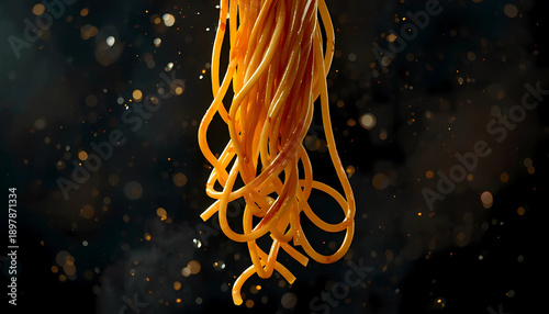 A bundle of spaghetti suspended in mid-air against a dark background