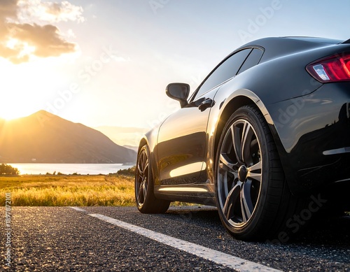 Black sports car parked on a road overlooking a lake at sunset