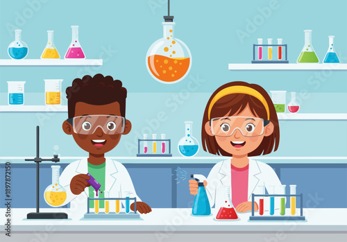 Excited young students conducting a science experiment in a laboratory illustration, vector art, learning and discovery