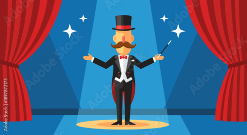 A charming magician illustration vector with a mustache, top hat, and wand, performing on stage with curtains and stars