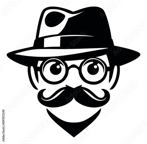 Stylized illustration of a gentleman's face depicting a fedora hat, glasses, and a mustache for a retro design