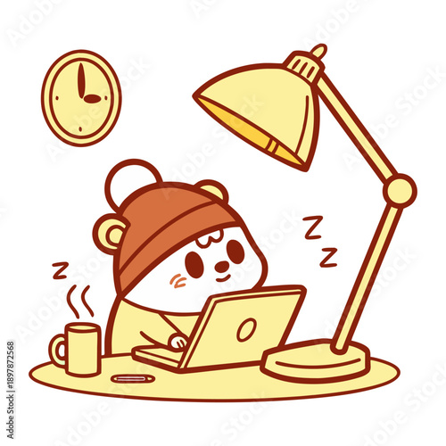 Sleepy Panda Falling Asleep at Late Night Laptop Work.