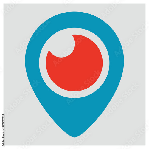 Location pin icon with live stream eye symbol representing geo-tagged visual content isolated on white background, Vector