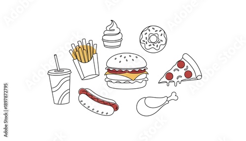 Line drawing illustration of various common fast food items