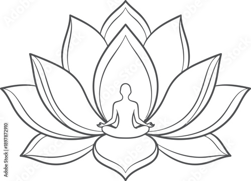 A serene line drawing of a person meditating in a lotus flower for mindfulness and relaxation concepts