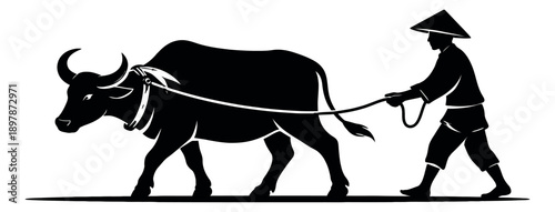 Silhouette illustration of a farmer with a water buffalo depicting agricultural labor for farming concepts
