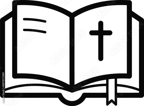 A black and white icon of an open holy bible book with a cross on the right page