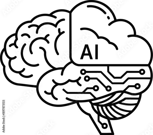 A black and white illustration of a brain with a circuit board and ai text