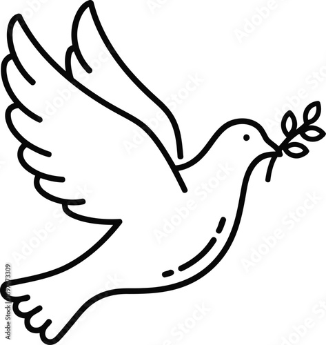 A simple line drawing of a dove flying with an olive branch in its beak symbolizing peace