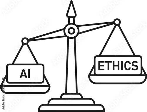 A black and white illustration of a scale balancing ai and ethics on its plates, symbolizing the weighing of artificial intelligence against moral principles