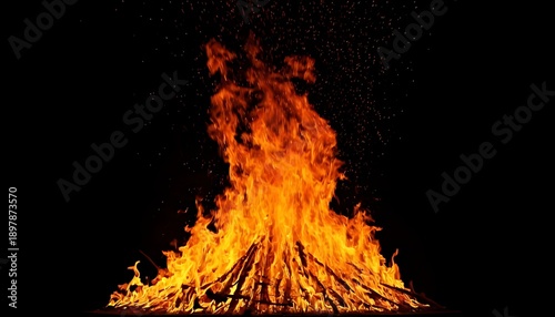 Large bonfire ablaze against a deep black backdrop