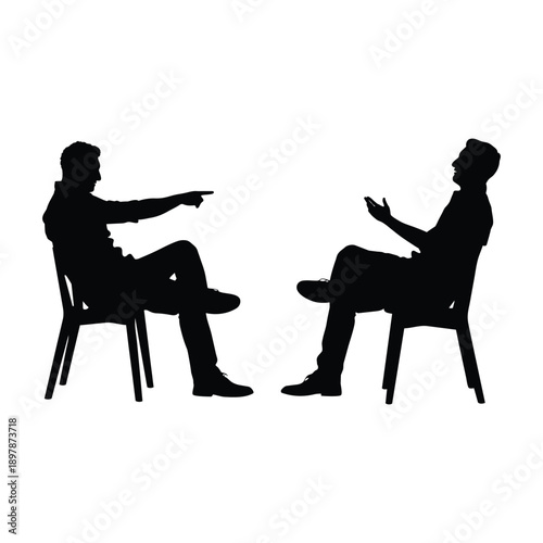 Two Men Sitting on Chairs Having Conversation Silhouette, Men Talking and Pointing Silhouette, Discussion and Interaction Concept