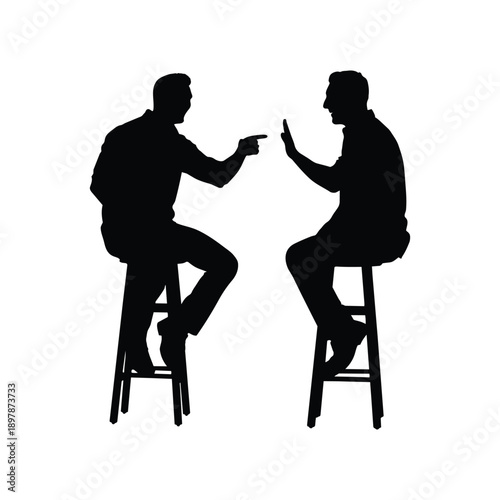 Two Men Sitting on Bar Stools Talking Silhouette, Friends Having Conversation at Cafe or Pub, High Chair Interaction Silhouette