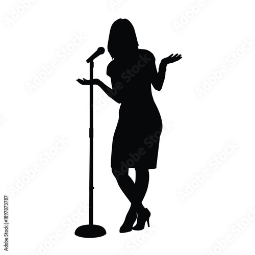 Silhouette of a Woman Speaker Standing Behind a Microphone Stand with Hands Raised Expressing Ideas During a Speech or Presentation on Stage
