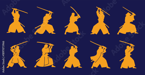 Dynamic sequence of samurai or kendo warrior silhouettes demonstrating various sword fighting stances and movements Vector