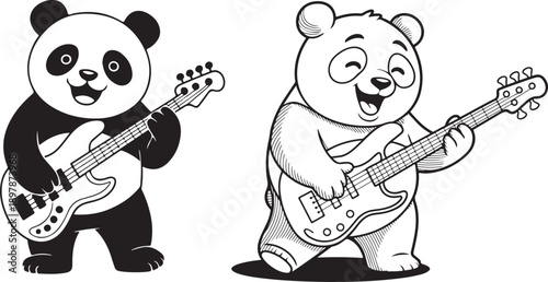 Happy Cartoon Panda Playing Electric Bass Guitar – Set of Two Music-Themed Animal Vector Illustrations for Coloring Pages, Kids' Designs, and Mascot Graphics