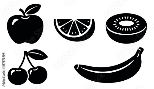 Graphic fruit icons set featuring an apple, an orange slice, a kiwi, cherries, and a banana for healthy food designs