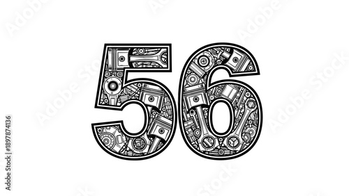 Number 56 Made of Mechanical Parts Gears Pistons Wrench.