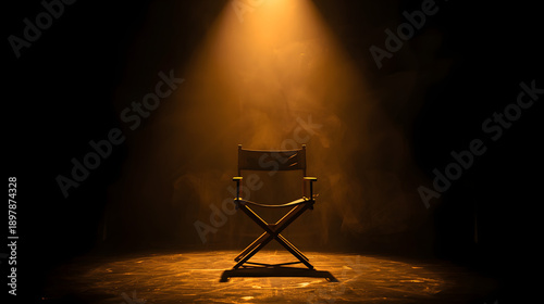 Director's Chair in Spotlight: A solitary director's chair stands center stage under a dramatic spotlight, the harsh light casting a long shadow, conveying anticipation and the start of production.