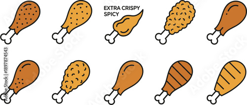 Vector Set of Roasted and Fried Chicken Drumsticks Featuring Crispy Skins, Whole Pieces, and Sliced Sections for Fast Food Menus, Butcher Shop Signs, and Restaurant Advertising