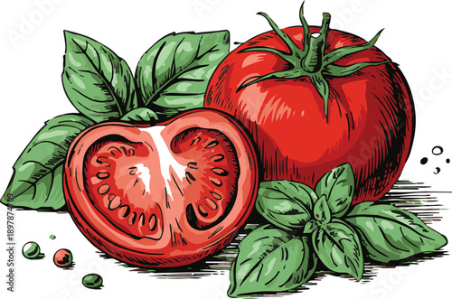 Tomato with slices flat vector illustration clipart isolated on white background. Isolated tomato, sliced piece vegetables on branch.