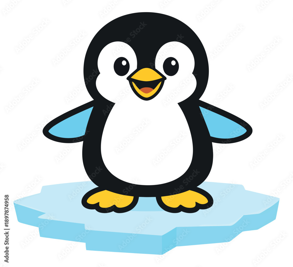 Naklejka premium Cute cartoon illustration of a penguin depicting it standing on an ice floe for children's designs