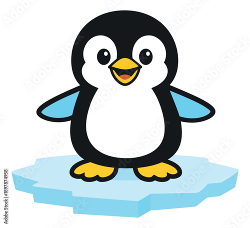 Cute cartoon illustration of a penguin depicting it standing on an ice floe for children's designs