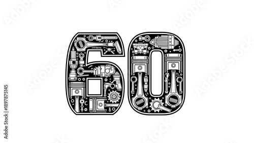 Number 60 Made of Auto Parts Mechanical Design Vintage Style.