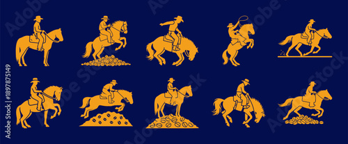 Dynamic golden silhouettes of cowboys riding horses in various western actions Vector
