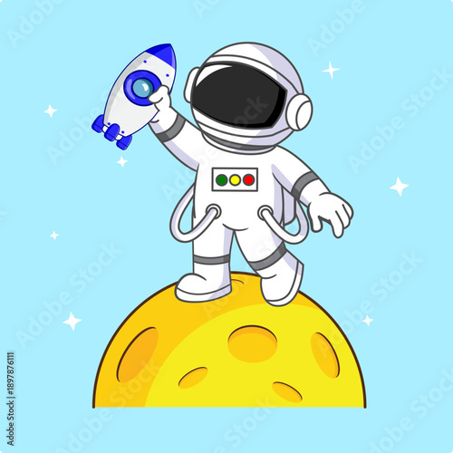 Cute Astronaut Playing Blue Rocket Toy on the Moon Vector Illustration Cartoon Design