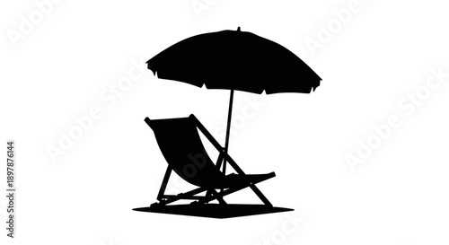A simple silhouette of a beach chair and umbrella against a white background