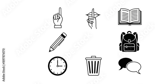 Simple black and white icons representing school and learning elements