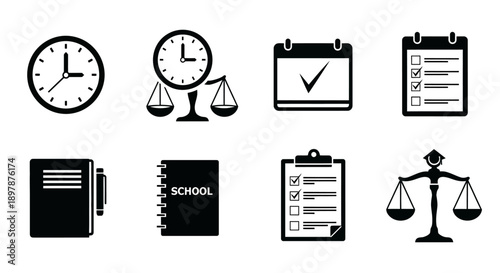 Legal and academic symbols clocks scales calendars books and checklists