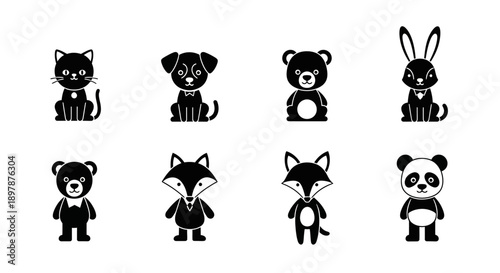 Collection of adorable cartoon animal icons in black and white