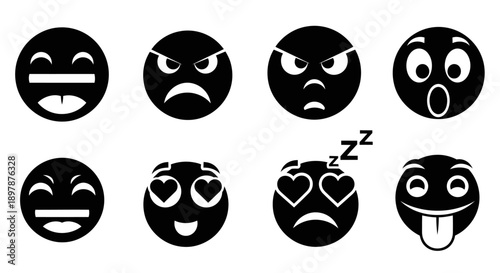 Collection of black and white circular emoticons displaying various expressions
