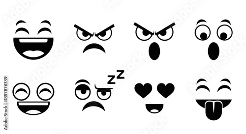 Collection of simple black and white cartoon face expressions and icons