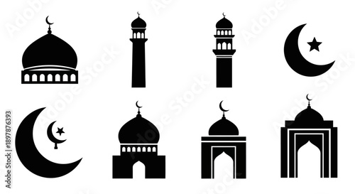 Islamic architectural elements and celestial symbols in black silhouette