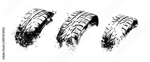 Vector set of tire tread marks white tire tracks and skid marks isolated white background
