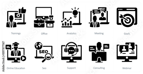 A set of 10 mix icons as trainings, office, analytics